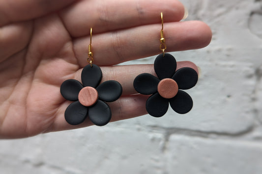 Black flower dangle earrings